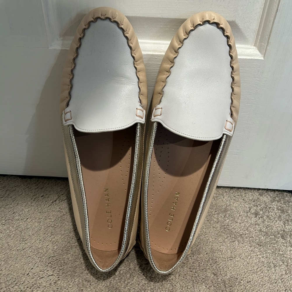Cole Haan Two-Tone White and Tan Leather Driving Loafers